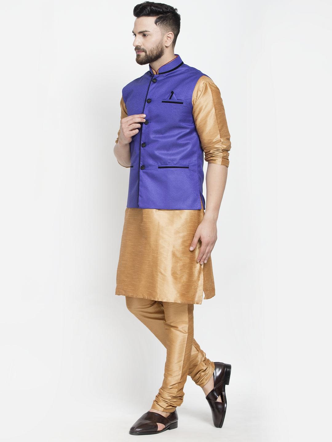 Men's Silk Blend Copper Kurta With Pyjama & Royal Blue Nehru Jacket - Benstoke - Indiakreations