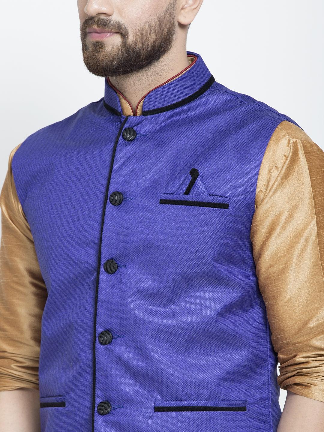 Men's Silk Blend Copper Kurta With Pyjama & Royal Blue Nehru Jacket - Benstoke - Indiakreations