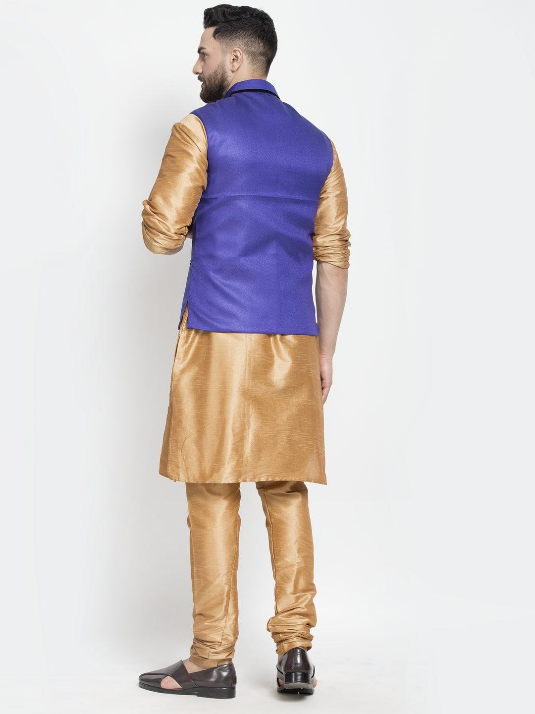 Men's Silk Blend Copper Kurta With Pyjama & Royal Blue Nehru Jacket - Benstoke - Indiakreations