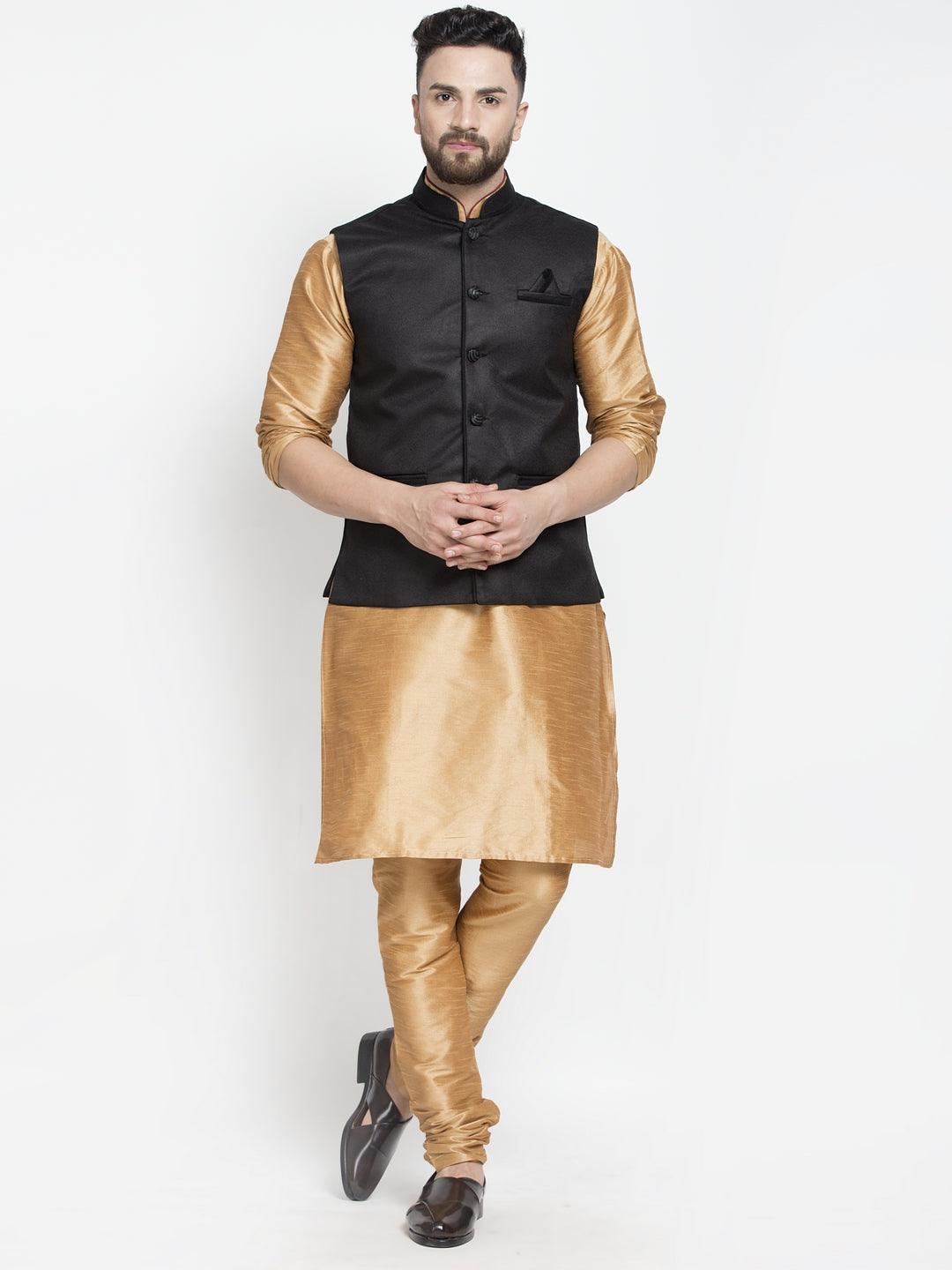 Men's Silk Blend Copper Kurta With Pyjama & Black Nehru Jacket - Benstoke - Indiakreations