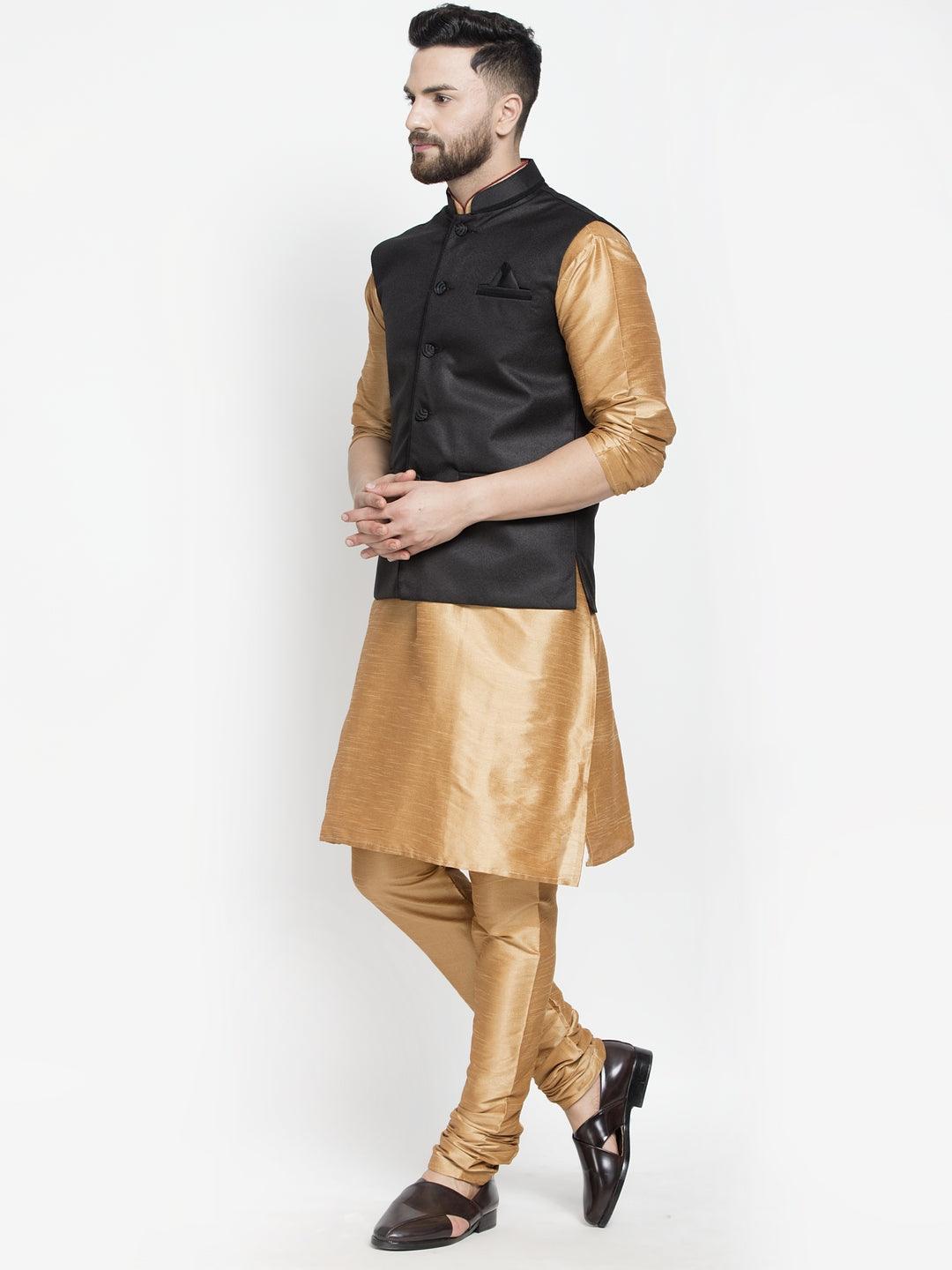 Men's Silk Blend Copper Kurta With Pyjama & Black Nehru Jacket - Benstoke - Indiakreations