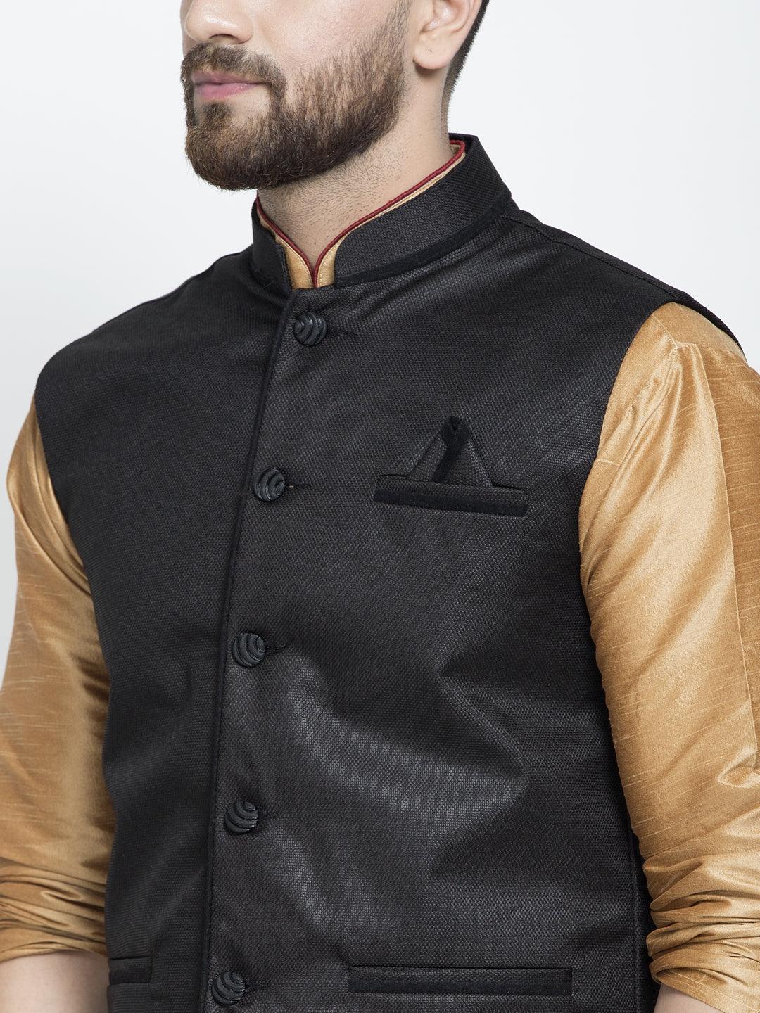 Men's Silk Blend Copper Kurta With Pyjama & Black Nehru Jacket - Benstoke - Indiakreations