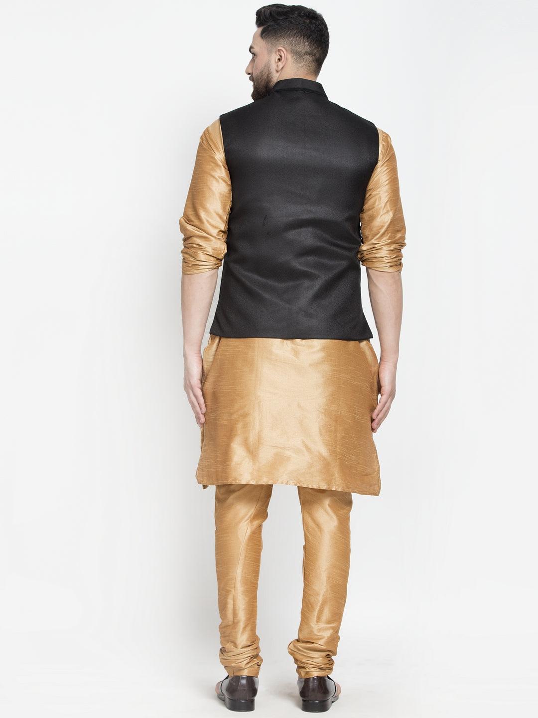 Men's Silk Blend Copper Kurta With Pyjama & Black Nehru Jacket - Benstoke - Indiakreations