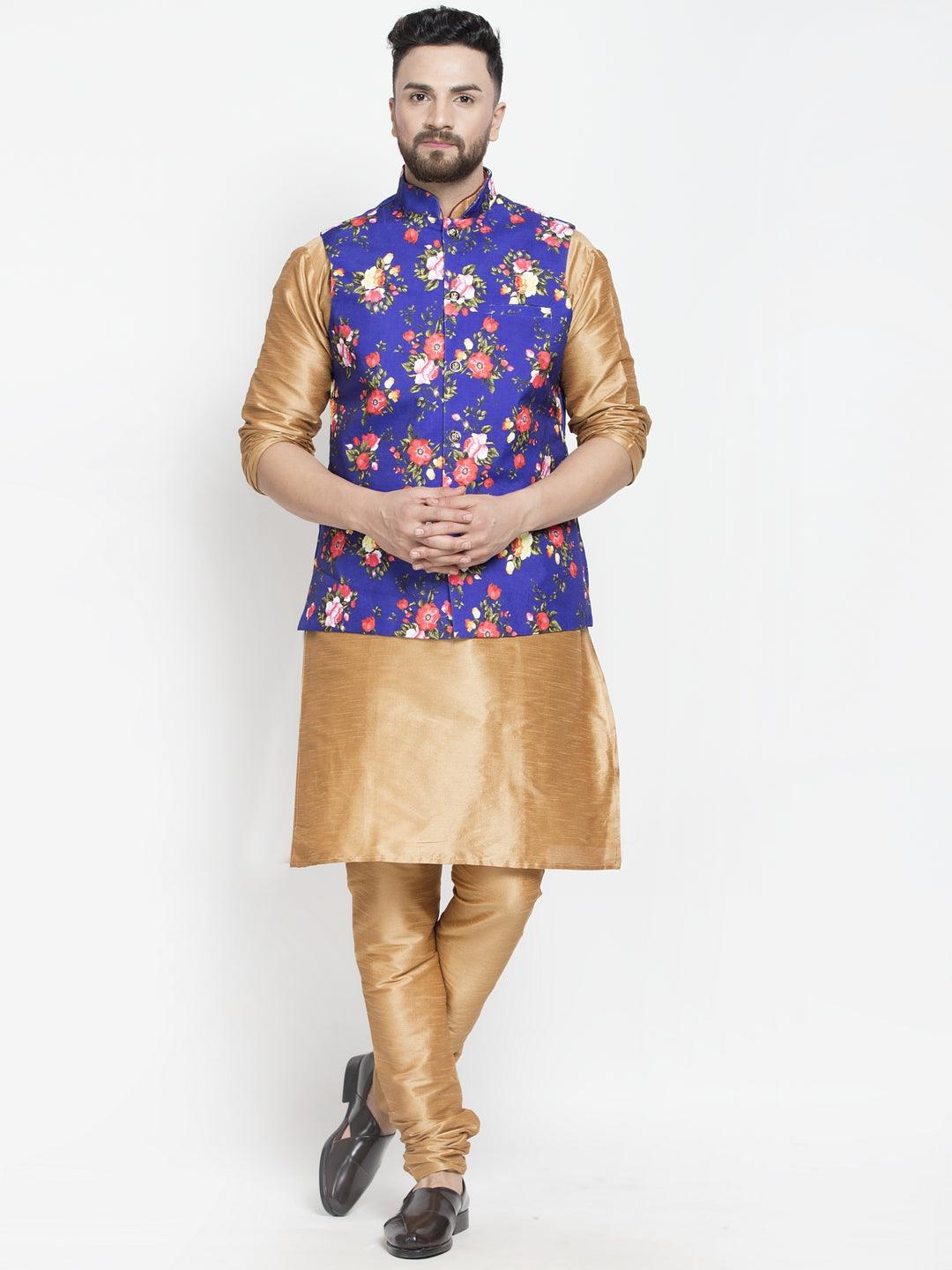 Men's Silk Blend Copper Kurta With Pyjama & Royal Blue Printed Nehru Jacket - Benstoke - Indiakreations