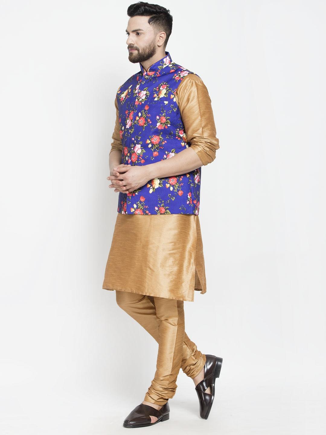 Men's Silk Blend Copper Kurta With Pyjama & Royal Blue Printed Nehru Jacket - Benstoke - Indiakreations