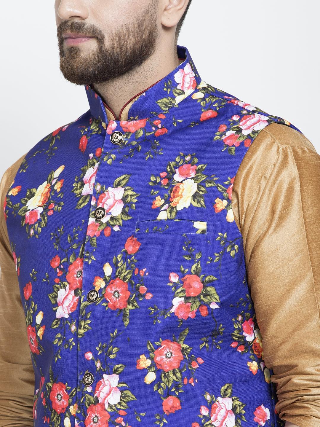 Men's Silk Blend Copper Kurta With Pyjama & Royal Blue Printed Nehru Jacket - Benstoke - Indiakreations