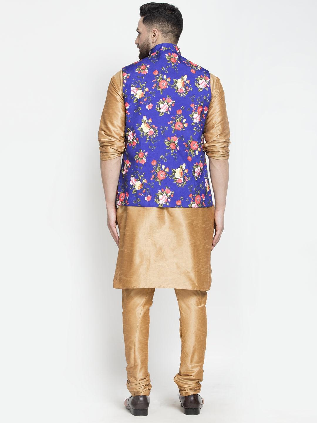 Men's Silk Blend Copper Kurta With Pyjama & Royal Blue Printed Nehru Jacket - Benstoke - Indiakreations