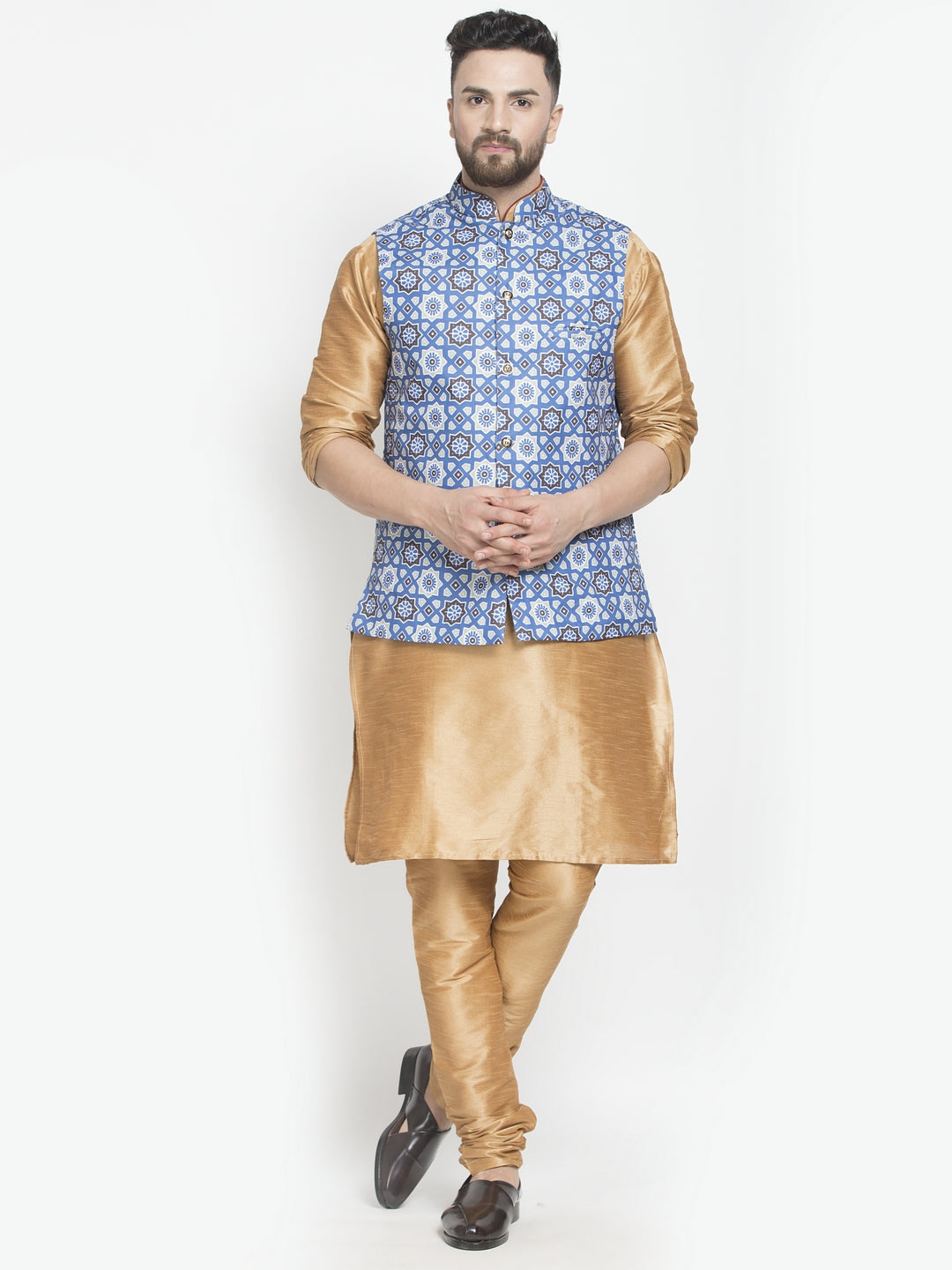 Men's Silk Blend Copper Kurta With Pyjama & Indigo Blue Printed Nehru Jacket - Benstoke