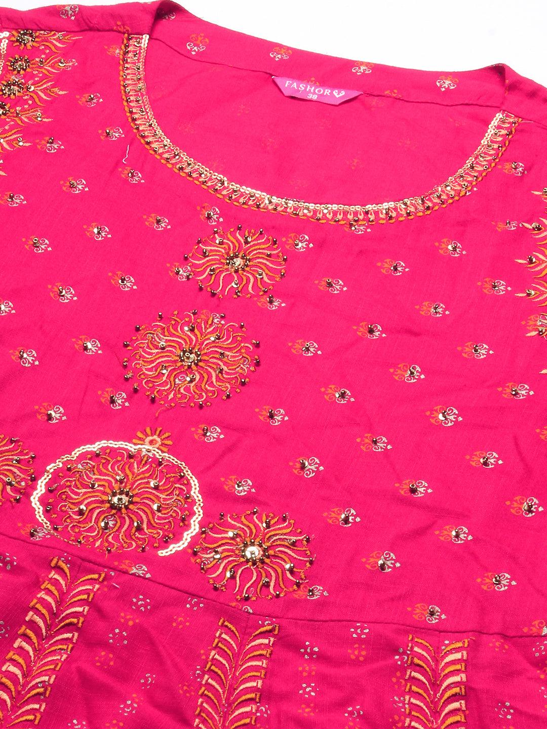 Ethnic Printed & Embroidered Anarkali Kurta with Pant & Dupatta - Pink - Indiakreations