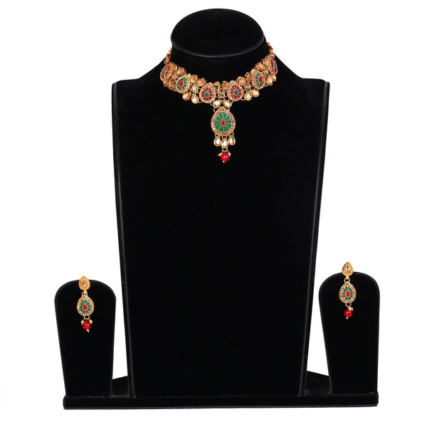 Women's Golden Plated Multi Colour Necklace With Earring And Tika  - Tehzeeb