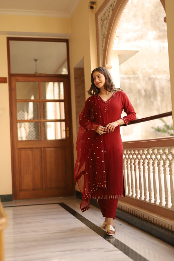 Women's Maroon Colour Festival Straight Suit Set - Roohaniyat