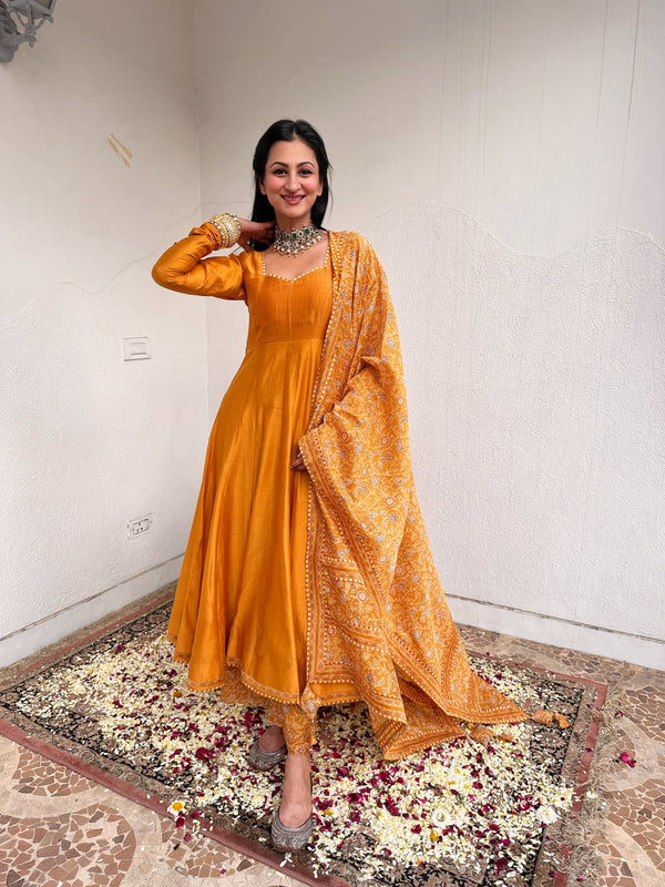 Sukhneet Wadhwa Gujral in Amaara Mustard Solid Anarkali Set