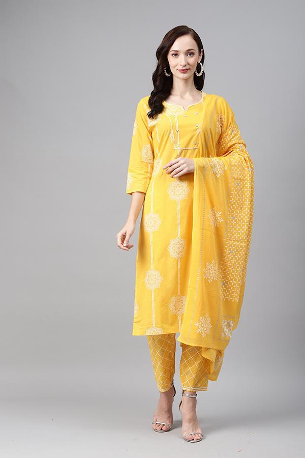 Women Yellow Printed Suit Set by Anubhutee (Set of 3)