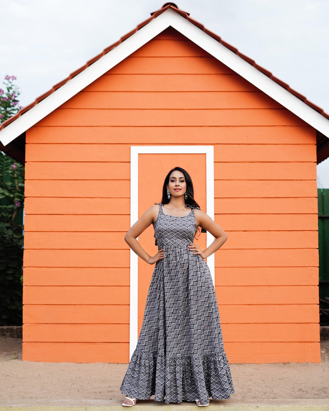 Women's Grey Discharge Print Frill Dress - Baisacrafts - Indiakreations