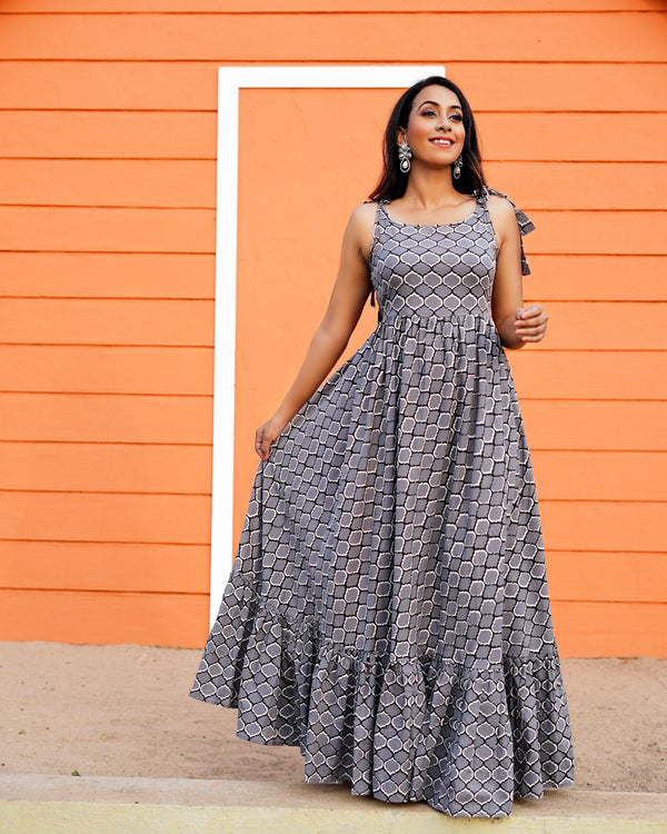 Women's Grey Discharge Print Frill Dress - Baisacrafts - Indiakreations