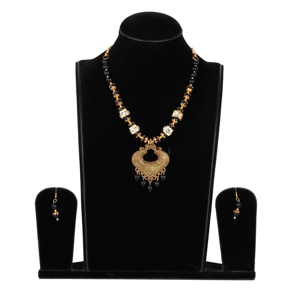 Women's Golden Plated Necklace And Earrings With Black Pearl  - Tehzeeb