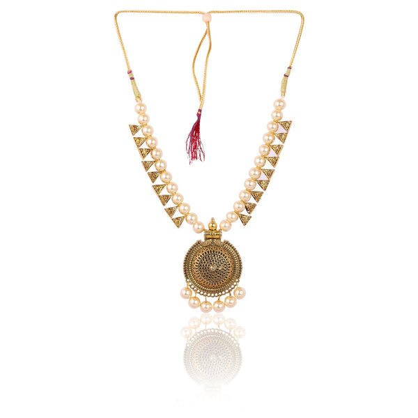 Women's Golden Plated Nacklace And Earrings With Cream Colour Pearl  - Tehzeeb