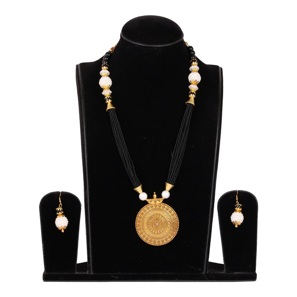 Women's Golden Plated Necklace And Earrings With Black Pearl  - Tehzeeb