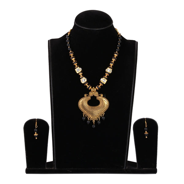 Women's Golden Plated Necklace And Earrings With Black Pearl  - Tehzeeb