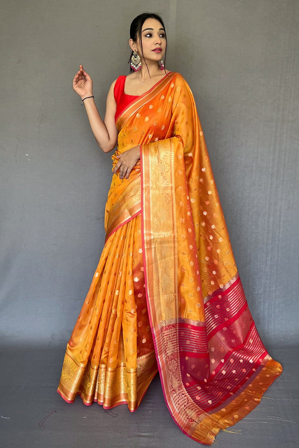 Women's Orange Organza Contrast Zari Saree - Tasarika