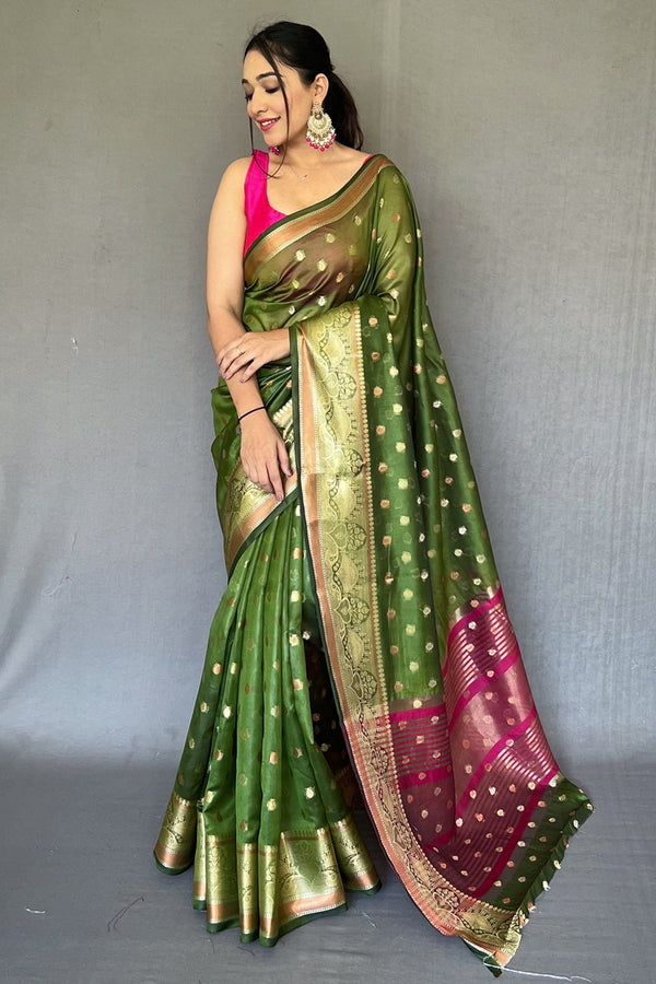 Women's Bluish Green Organza Contrast Zari Saree - Tasarika