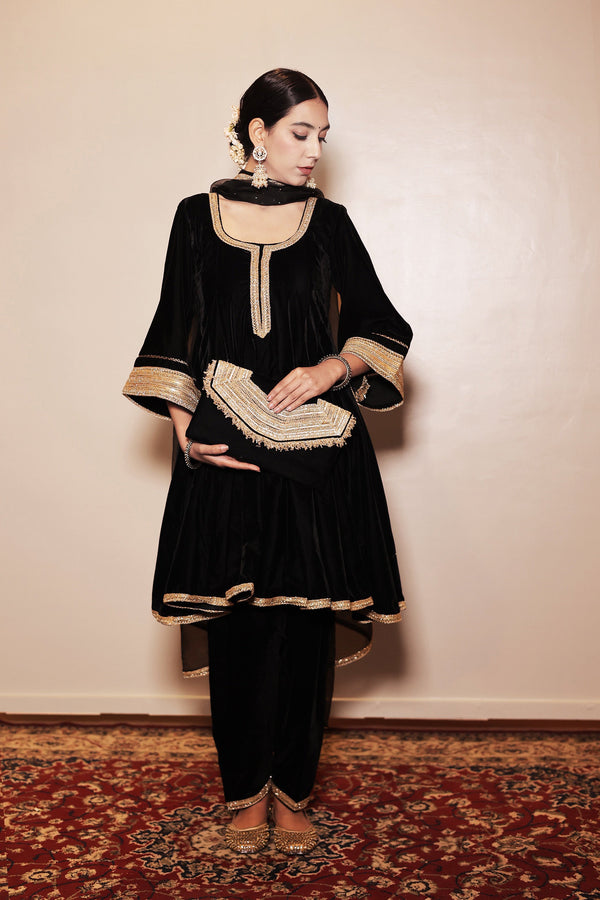 Zoya Black Velvet Short Anarkali With Salwar Set