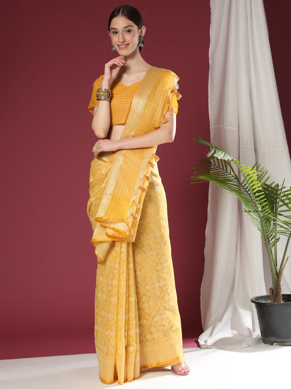 Women's Yellow Woven Soft Organza Silk Saree With Tassels - Vishnu Weaves