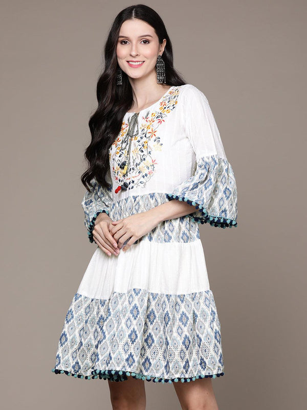 Women's White & Blue Embroidered A-Line Dress - Ishin - Indiakreations