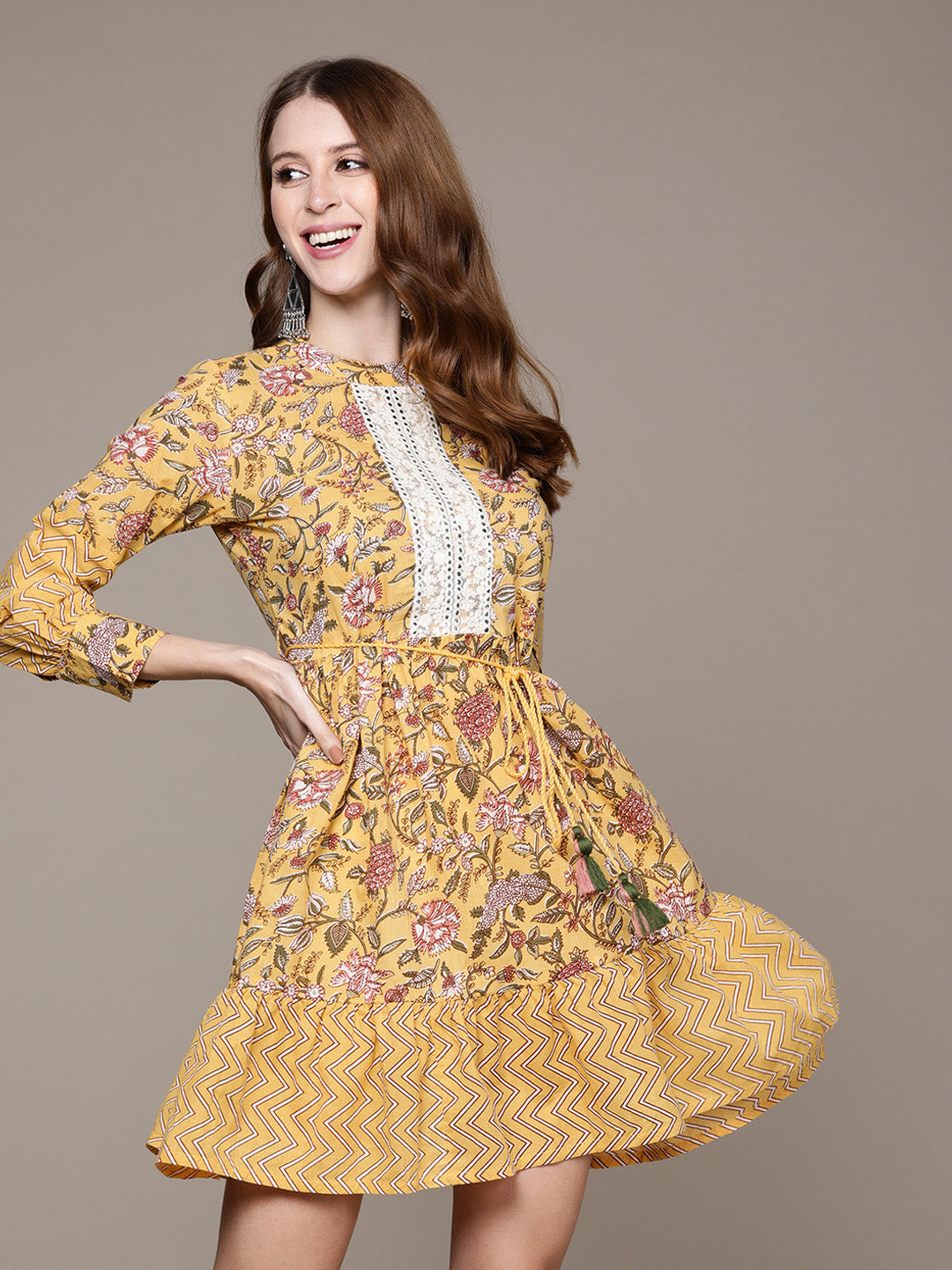 Women's Yellow Embellished Floral Dress - Ishin