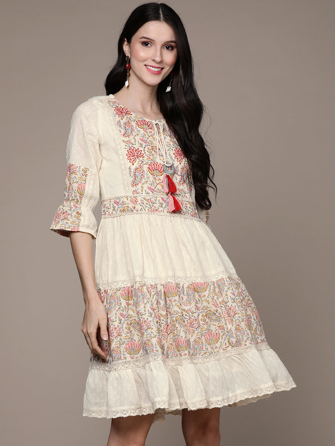 Women's Cream Flora A-Line Dress - Ishin