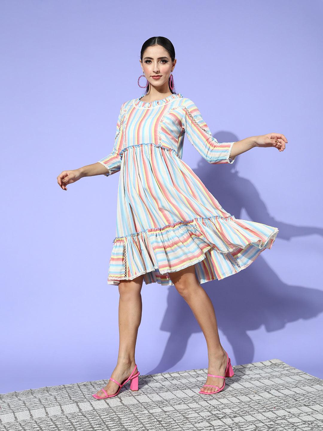 Women's Candy Striped Fit & Flare Dress - Ishin - Indiakreations