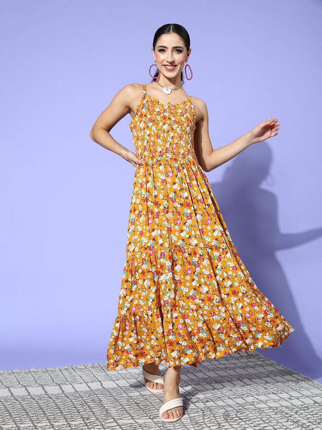 Women's Mustard Floral Smocked Dress - Ishin - Indiakreations