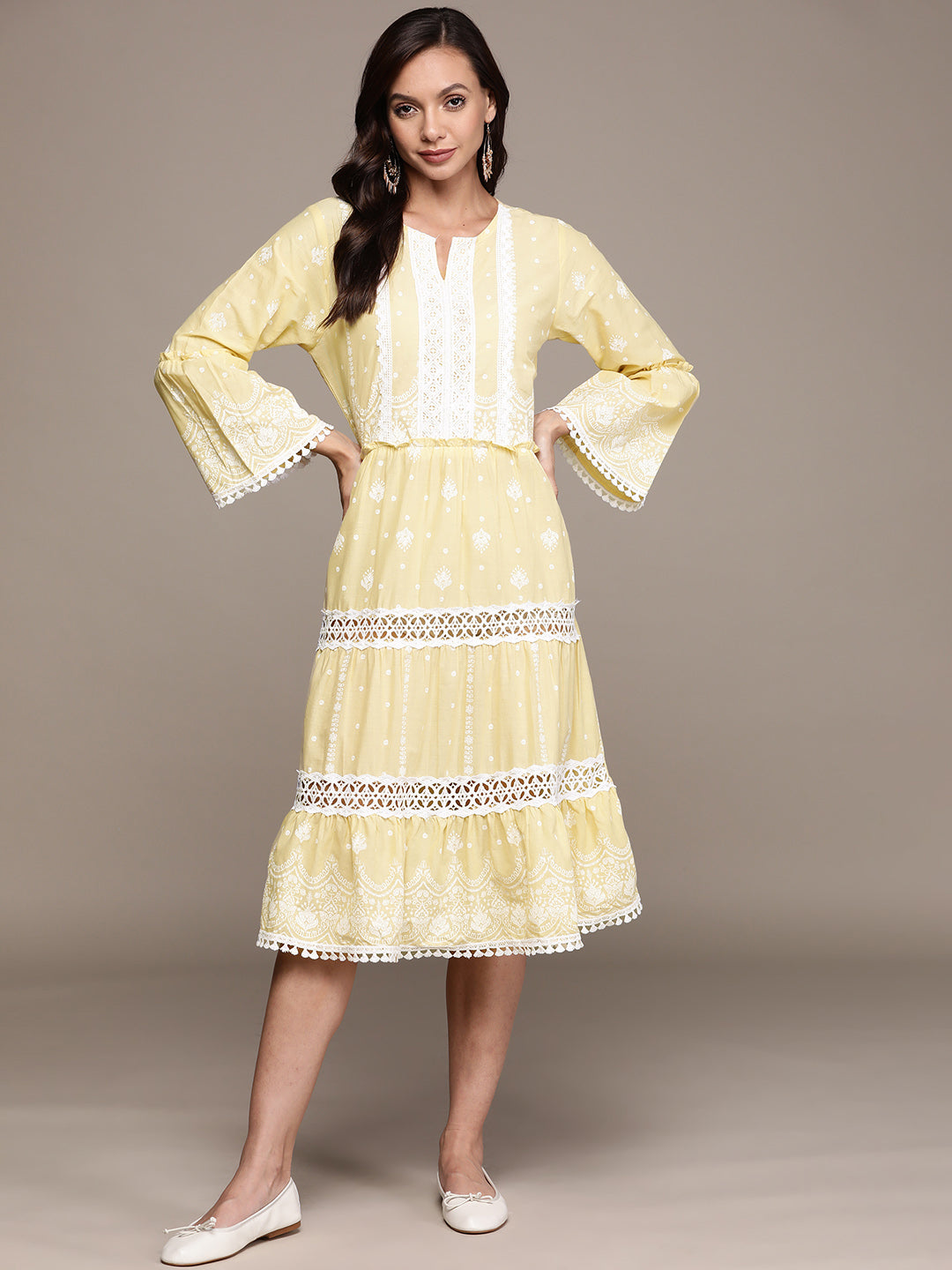 Women's Cotton Yellow Embroidered A-Line Dress - Ishin