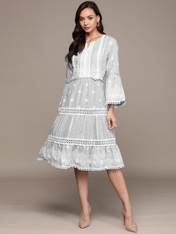 Women's Cotton Grey Embroidered A-Line Dress - Ishin - Indiakreations