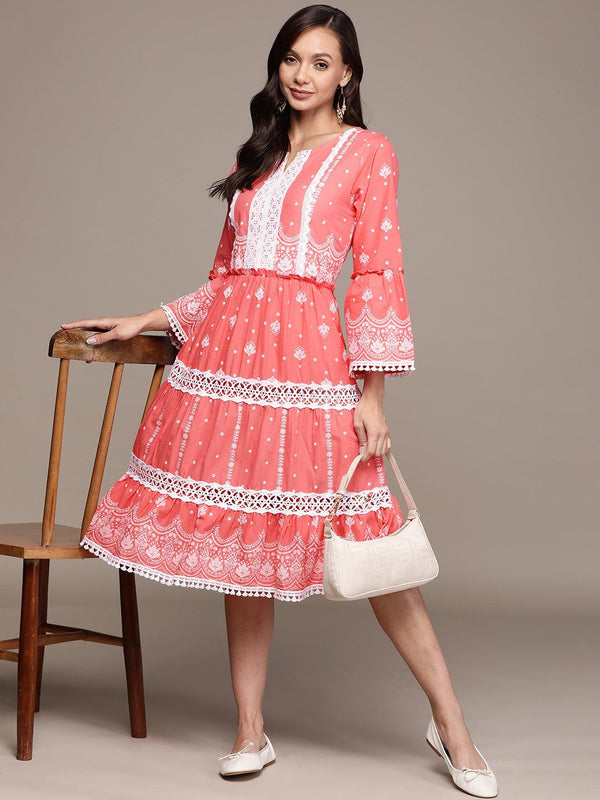 Women's Cotton Pink Embroidered A-Line Dress - Ishin - Indiakreations