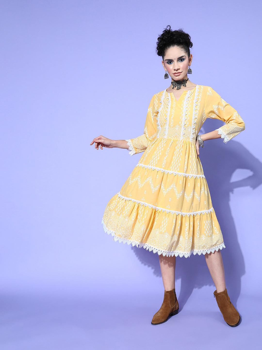 Women's Cotton Yellow Embroidered A-Line Dress - Ishin - Indiakreations