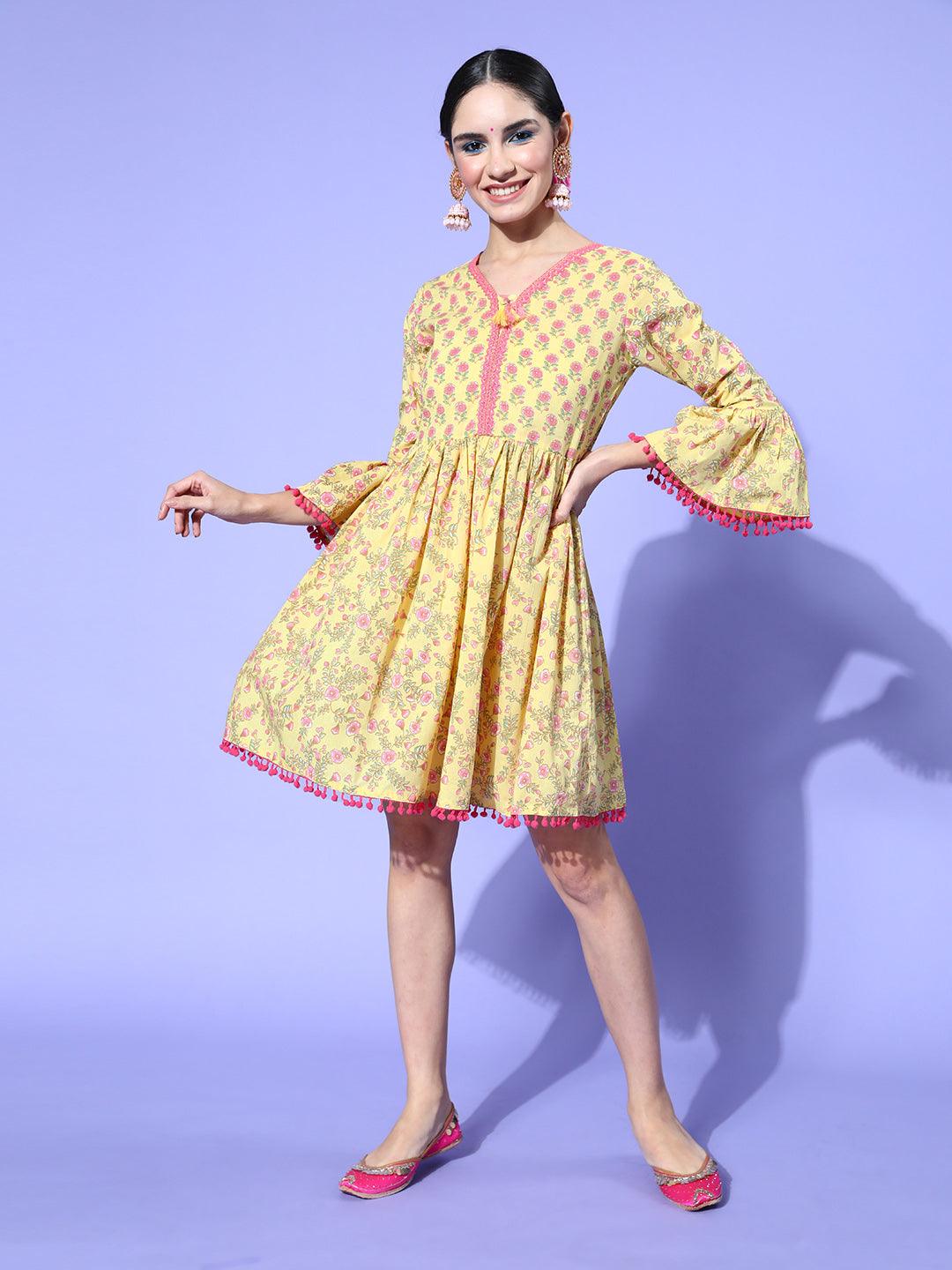 Women's Cotton Yellow Printed A-Line Dress - Ishin - Indiakreations