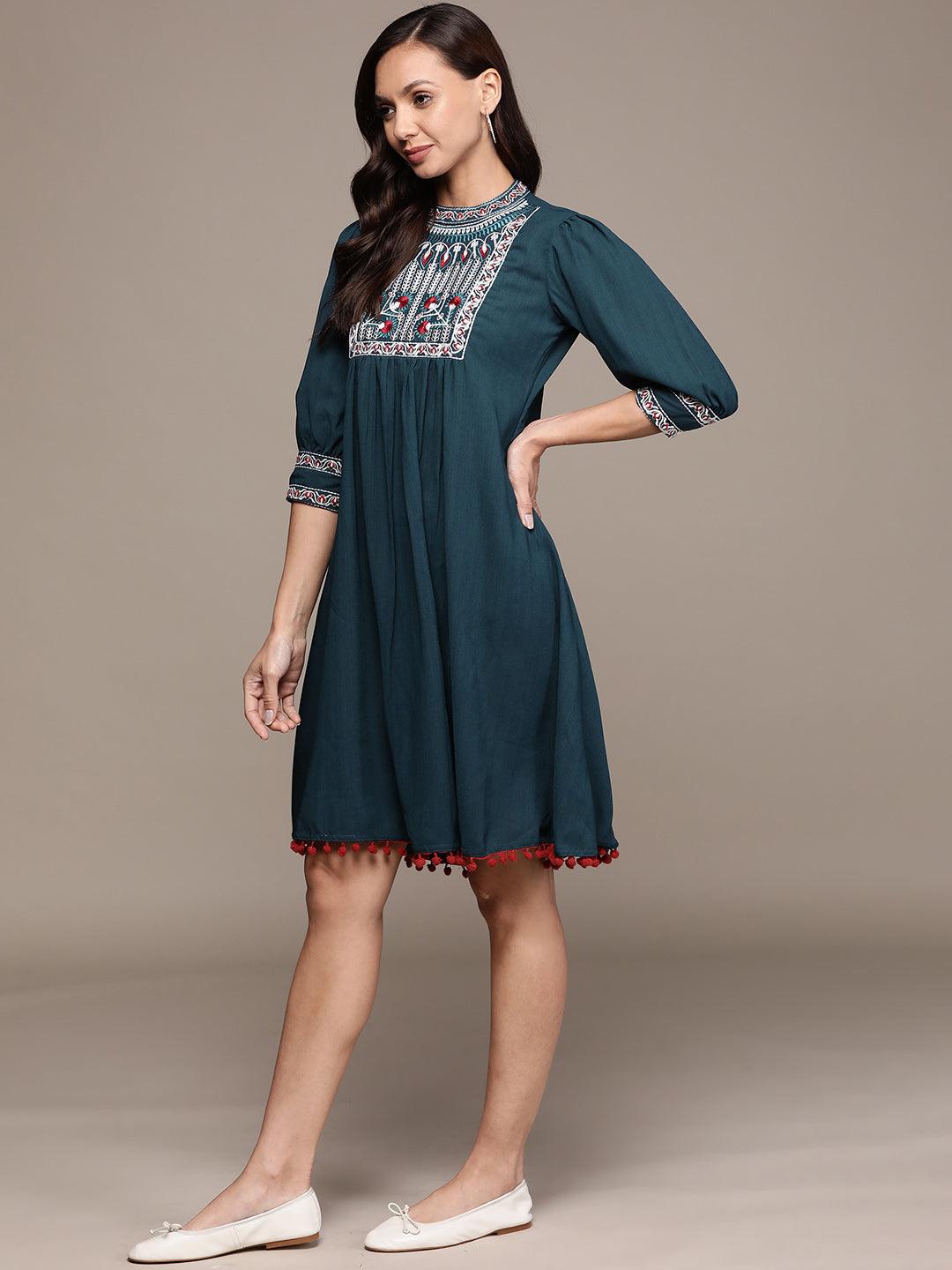 Women's Georgette Teal Embroidered A-Line Dress - Ishin - Indiakreations