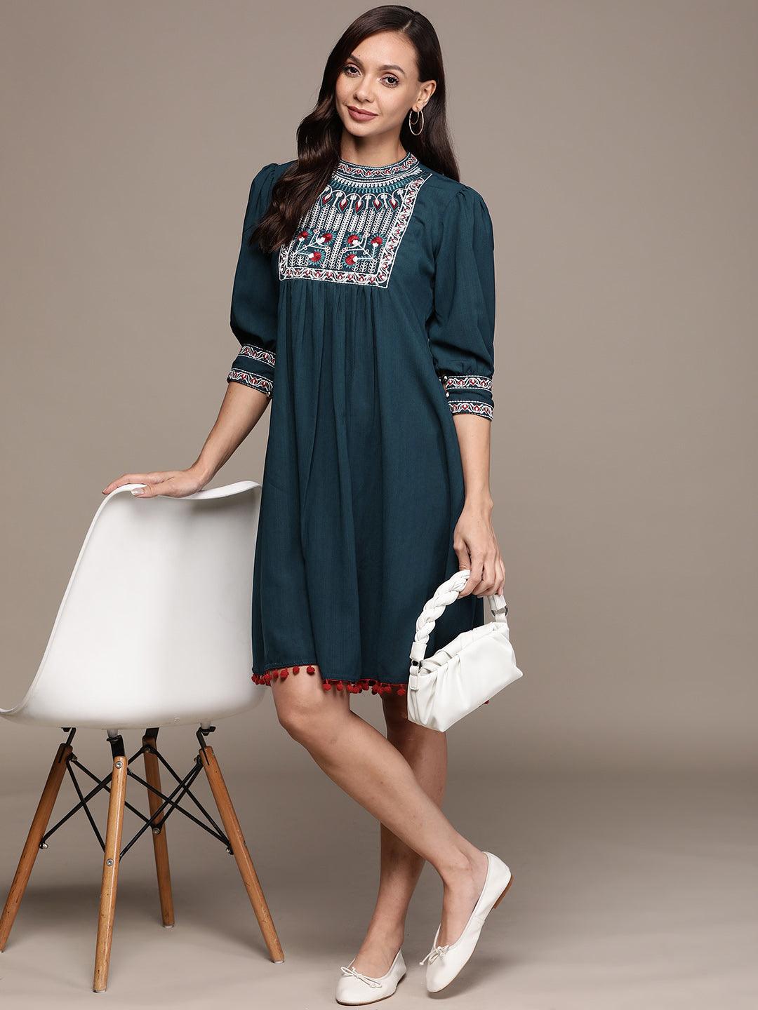 Women's Georgette Teal Embroidered A-Line Dress - Ishin - Indiakreations