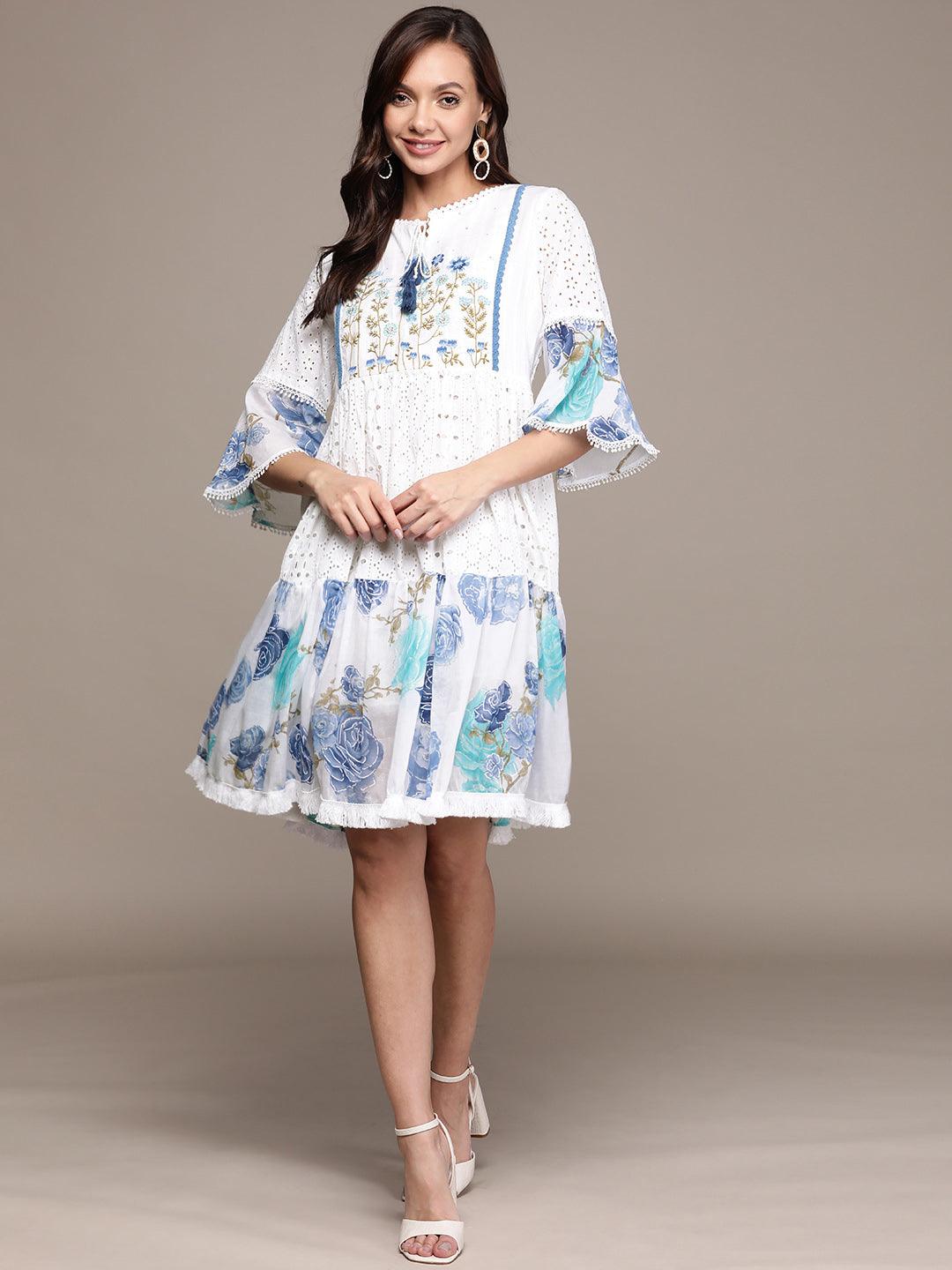 Women's Cotton White & Blue Schiffli Embroidered A-Line Dress - Ishin - Indiakreations