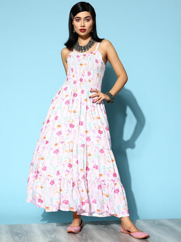 Women's Pink Floral Smocked Dress - Ishin - Indiakreations