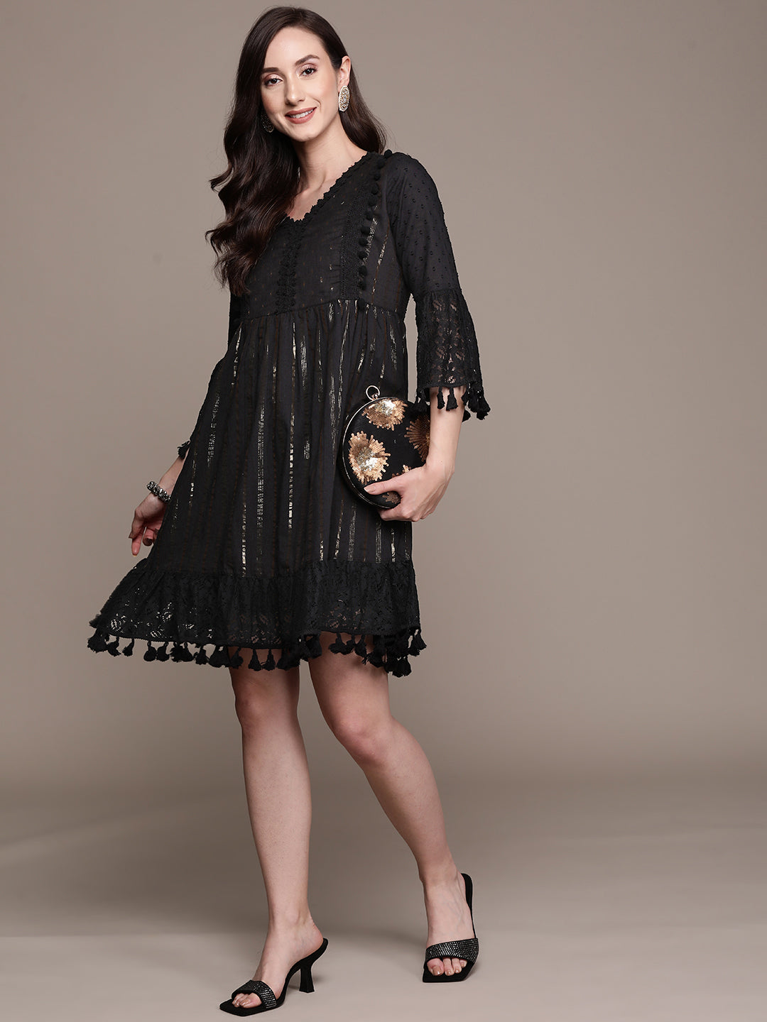 Women's Black Lurex Embellished A-Line Dress - Ishin