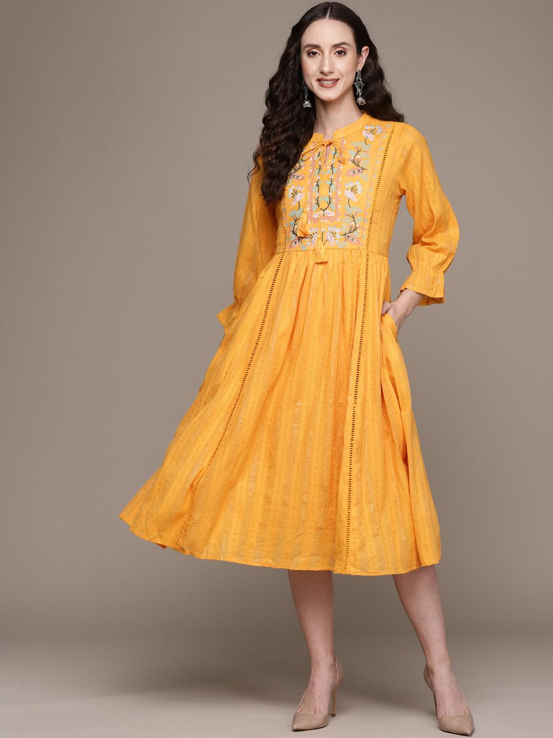 Women's Mustard Embroidered A-Line Dress - Ishin - Indiakreations