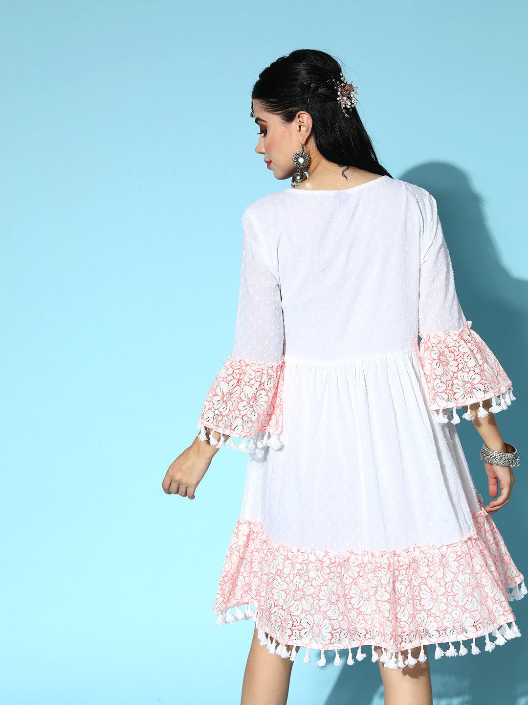 Women's Cotton White Embroidered A-Line Dress - Ishin - Indiakreations