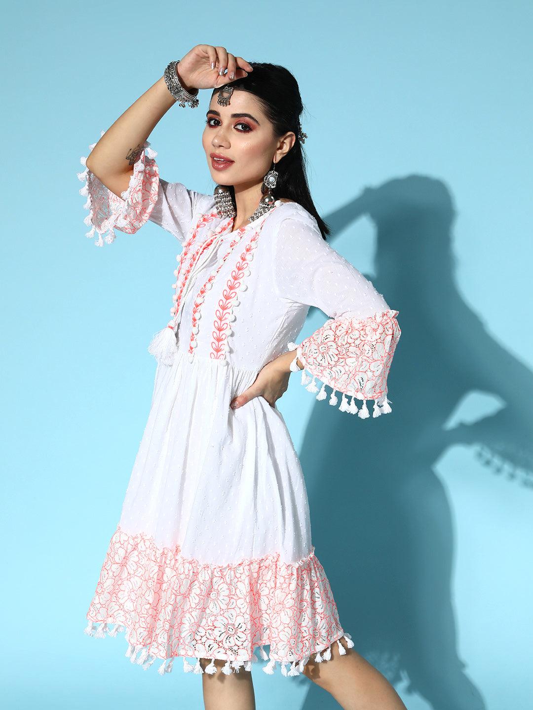 Women's Cotton White Embroidered A-Line Dress - Ishin - Indiakreations