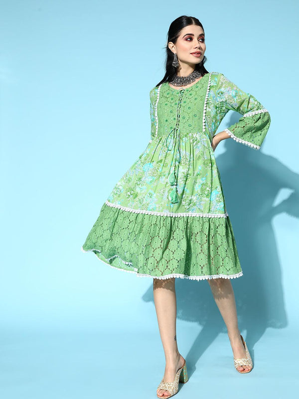 Women's Cotton Green Embroidered A-Line Dress - Ishin - Indiakreations