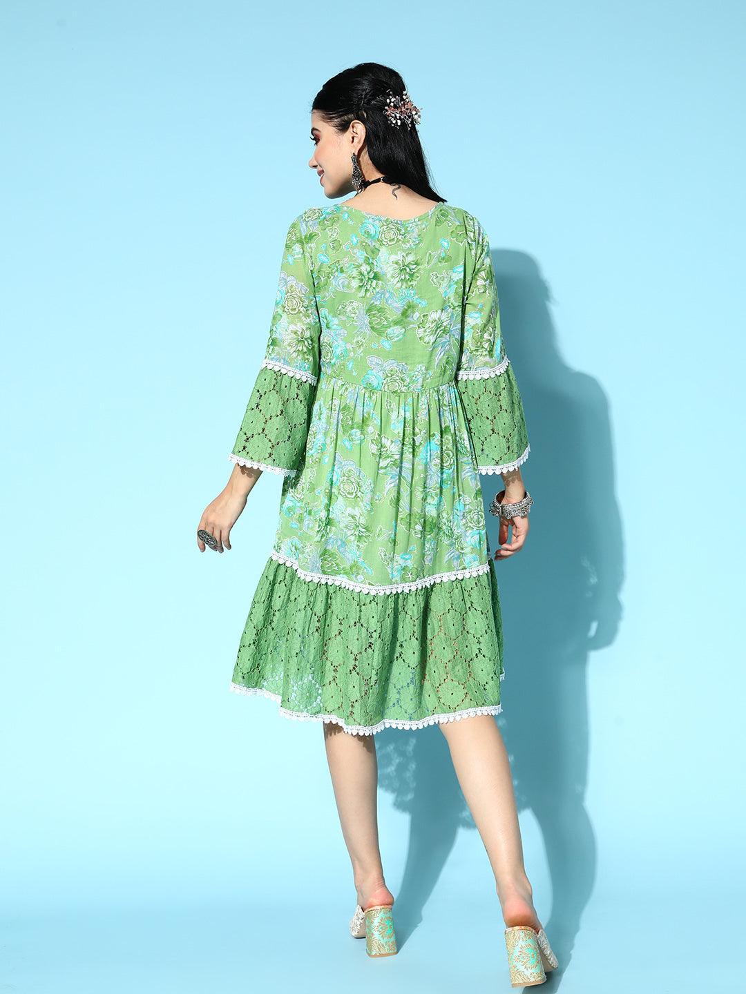 Women's Cotton Green Embroidered A-Line Dress - Ishin - Indiakreations