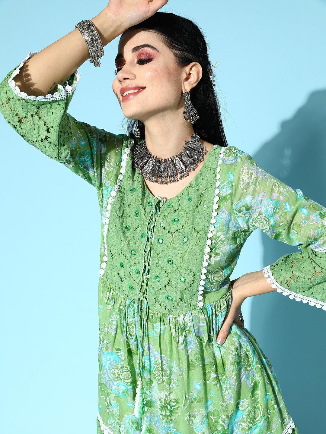 Women's Cotton Green Embroidered A-Line Dress - Ishin - Indiakreations