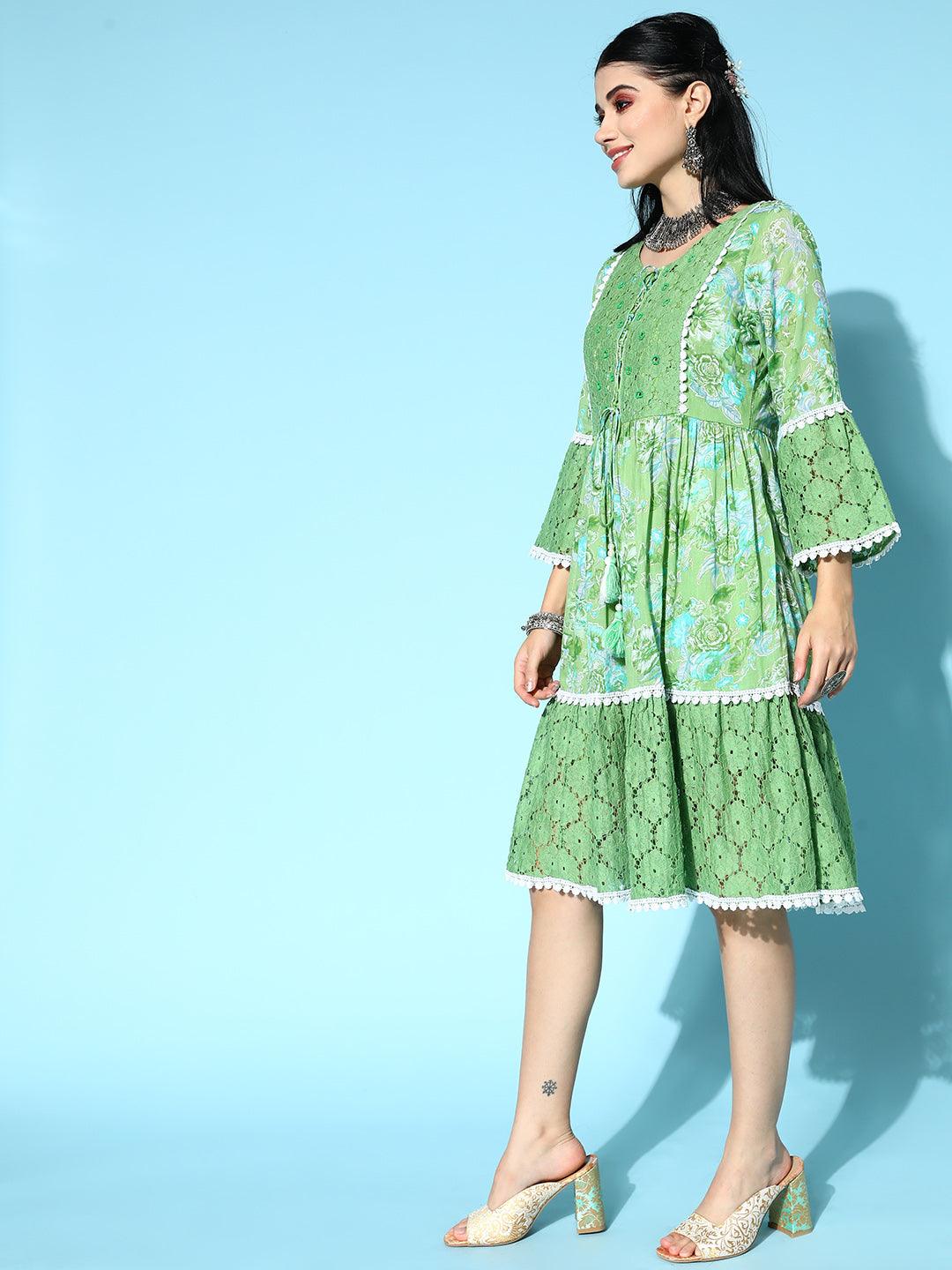 Women's Cotton Green Embroidered A-Line Dress - Ishin - Indiakreations