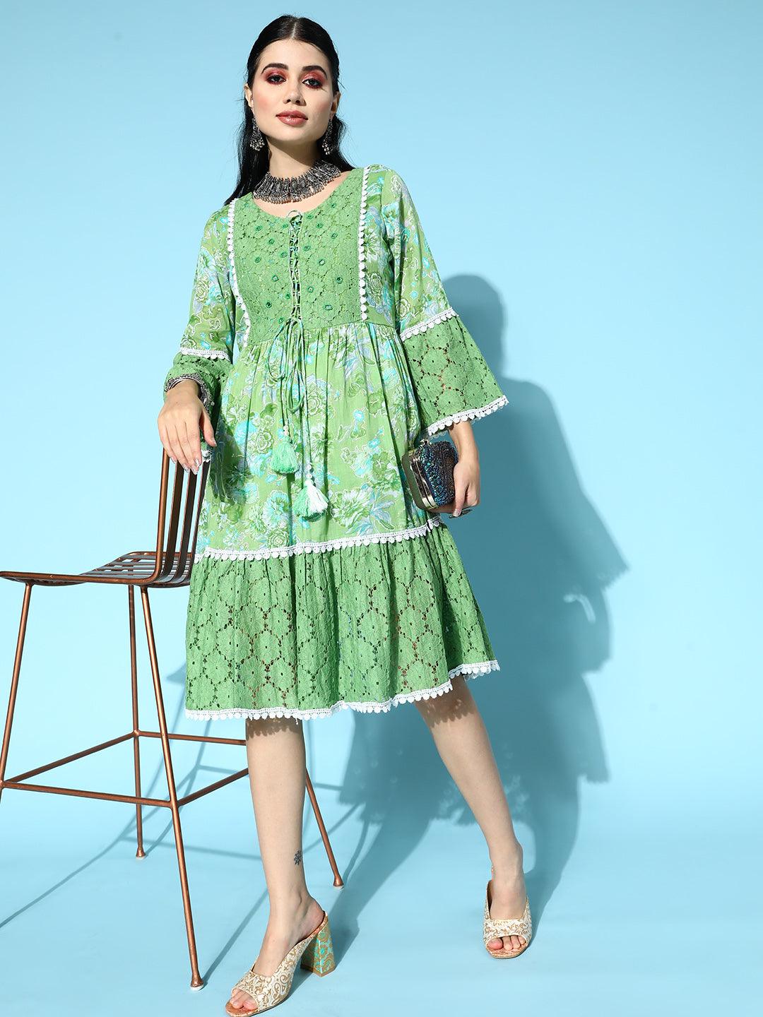 Women's Cotton Green Embroidered A-Line Dress - Ishin - Indiakreations